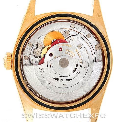 This image shows the internal movement mechanism of a Rolex President 18238 Men
s Yellow Gold Champagne Dial 18238 Men
s Yellow Gold Champagne Dial model watch from a back angle with the case back removed.
