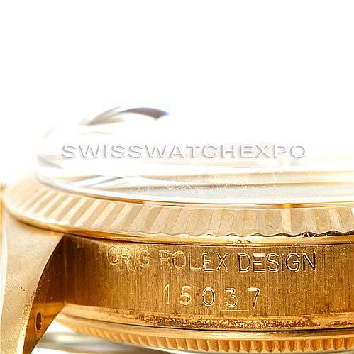 The image shows a close-up of the Rolex President 15037 Men
s Yellow Gold Champagne Dial 15037 Men
s Yellow Gold Champagne Dial watch case, highlighting the model number "15037" and "ORIG ROLEX DESIGN" engraving.