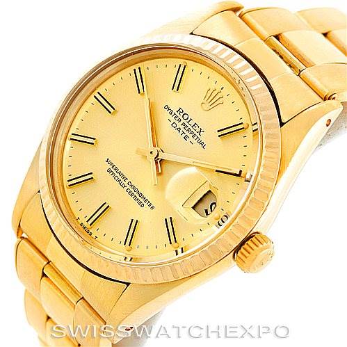 This image shows a Rolex President 15037 Men
s Yellow Gold Champagne Dial 15037 Men
s Yellow Gold Champagne Dial model watch from an angled view, displaying the face, crown, and bracelet.