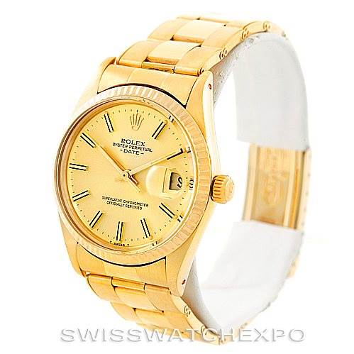 The Rolex President 15037 Men
s Yellow Gold Champagne Dial 15037 Men
s Yellow Gold Champagne Dial model is shown at a front angle, highlighting its gold watch face, bracelet, and crown with a date display.