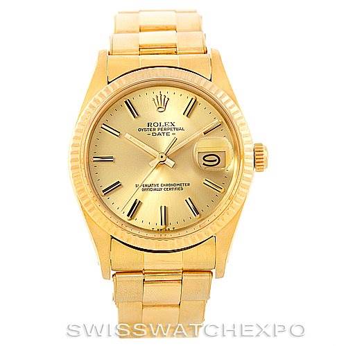The image shows a frontal view of a gold Rolex President 15037 Men
s Yellow Gold Champagne Dial 15037 Men
s Yellow Gold Champagne Dial model watch with a gold dial and bracelet, along with a date display.