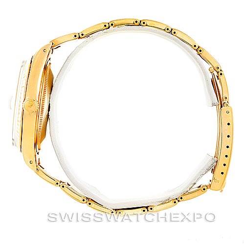 The image shows a Rolex President 15037 Men
s Yellow Gold Champagne Dial 15037 Men
s Yellow Gold Champagne Dial model watch from a side profile angle, highlighting the bracelet and crown.