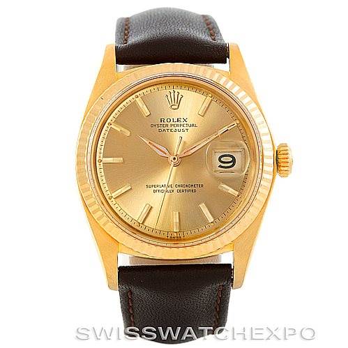 The image shows a front view of the Rolex President 1601 Men
s Yellow Gold Champagne Dial 1601 Men
s Yellow Gold Champagne Dial model watch, displaying the dial, hands, date window, and leather strap.