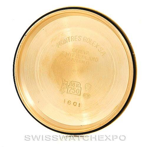 The image shows the inside case back of a Rolex President 1601 Men
s Yellow Gold Champagne Dial 1601 Men
s Yellow Gold Champagne Dial model watch.