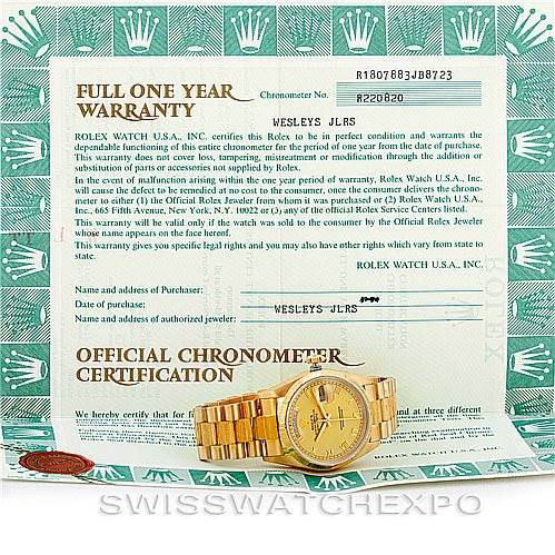 The image shows a Rolex President 18078 Men
s Yellow Gold Champagne Dial 18078 Men
s Yellow Gold Champagne Dial model watch and its warranty certificate placed in a horizontal layout.