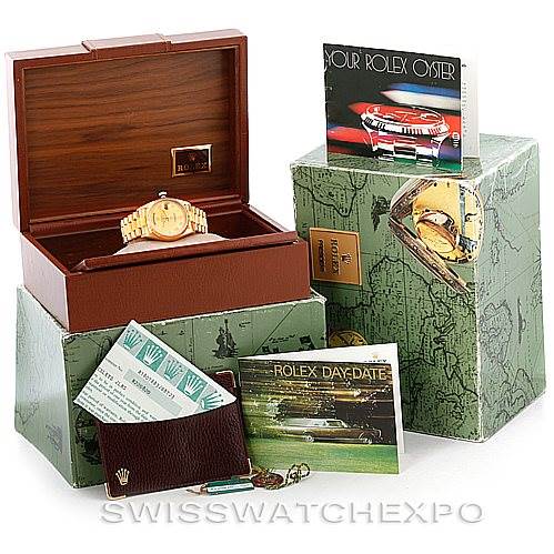 The image displays a Rolex President 18078 Men
s Yellow Gold Champagne Dial 18078 Men
s Yellow Gold Champagne Dial model watch with its original box, booklets, tags, and packaging accessories.