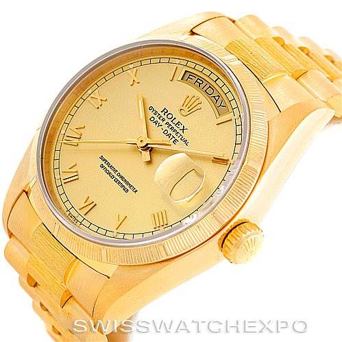 The image shows a Rolex President 18078 Men
s Yellow Gold Champagne Dial 18078 Men
s Yellow Gold Champagne Dial model watch at a slight angle, highlighting the dial, bezel, and part of the bracelet.