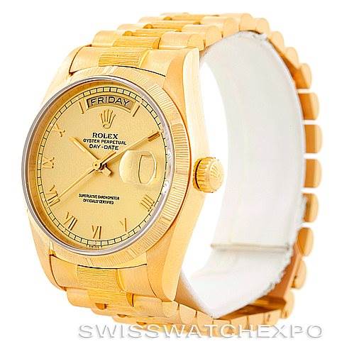 The image shows a Rolex President 18078 Men
s Yellow Gold Champagne Dial 18078 Men
s Yellow Gold Champagne Dial model watch from a front-left angle, displaying its gold case, bracelet, and day-date dials.
