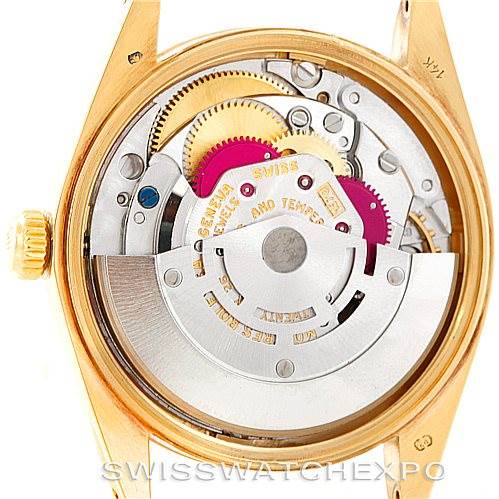 The image shows the internal mechanical movement and components of a Rolex President 1503 Men
s Yellow Gold Champagne Dial 1503 Men
s Yellow Gold Champagne Dial model from a back angle with the case back removed.