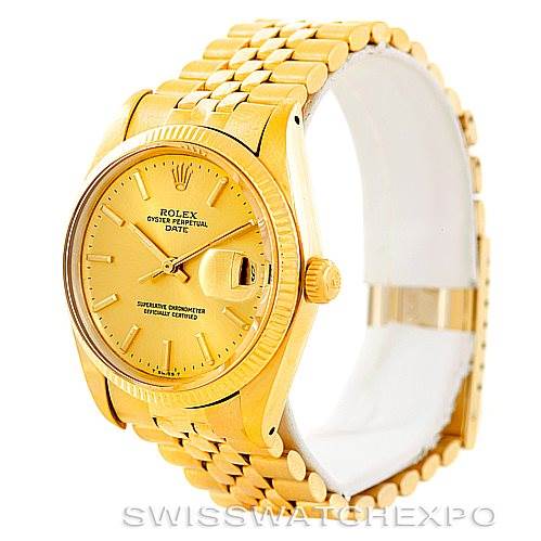 This image shows a side and front angle of the Rolex President 1503 Men
s Yellow Gold Champagne Dial 1503 Men
s Yellow Gold Champagne Dial model watch, highlighting its bracelet and dial.