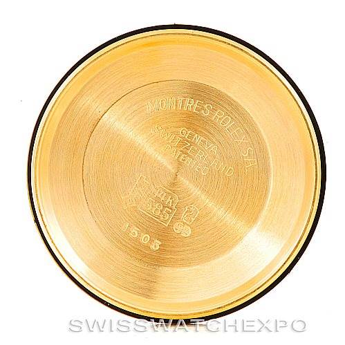 This image shows the inside of the case back of a Rolex President 1503 Men
s Yellow Gold Champagne Dial 1503 Men
s Yellow Gold Champagne Dial model watch, highlighting its detailed engravings.