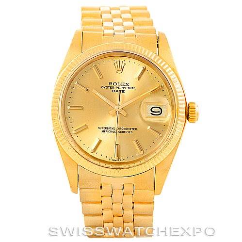 This image shows a Rolex President 1503 Men
s Yellow Gold Champagne Dial 1503 Men
s Yellow Gold Champagne Dial model watch with a gold dial, fluted bezel, and date display, from a front-facing angle.