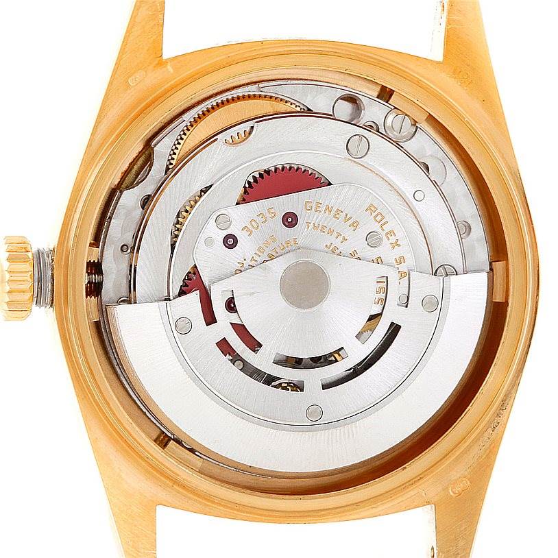 This image shows the internal mechanism of a Rolex President 16018 Men's Yellow Gold Champagne Dial 16018 Men's Yellow Gold Champagne Dial model watch, viewed from the back case without its outer casing.