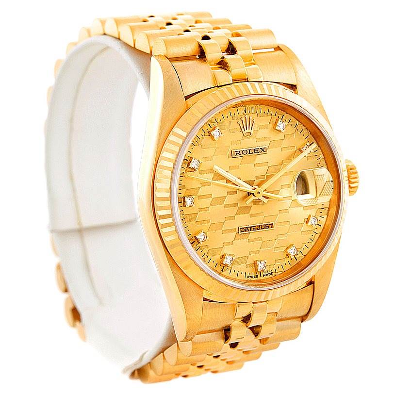 This image shows a Rolex President 16018 Men's Yellow Gold Champagne Dial 16018 Men's Yellow Gold Champagne Dial model watch at a 3/4 angle, highlighting its gold bracelet, dial, and fluted bezel.