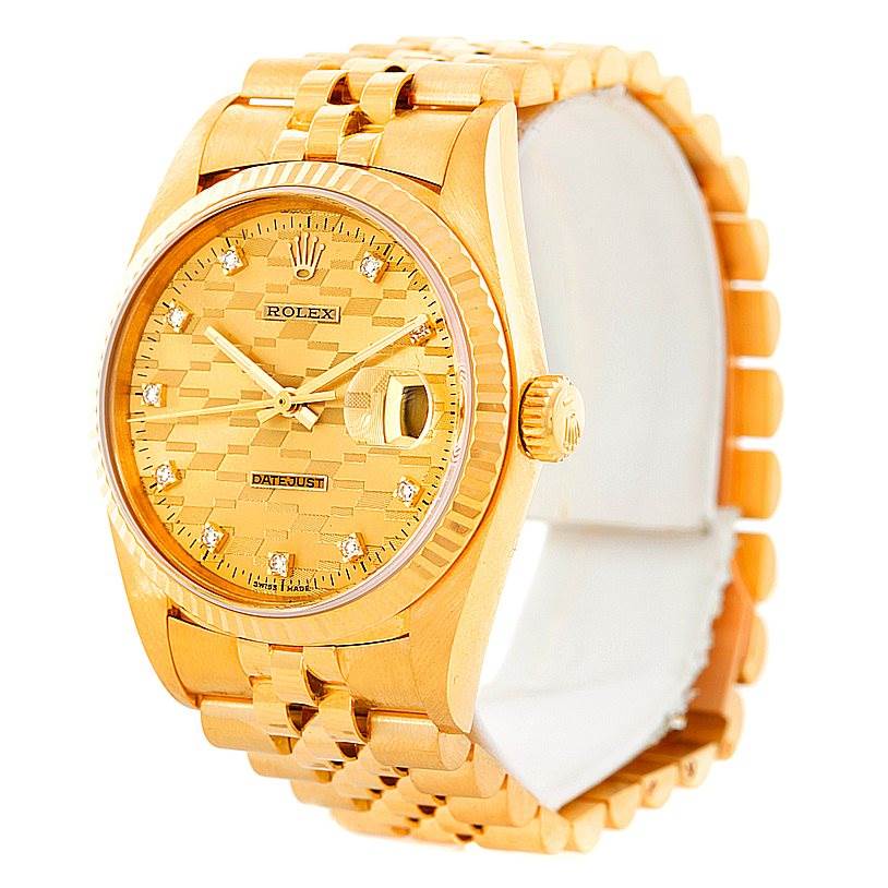 The image shows a gold Rolex President 16018 Men's Yellow Gold Champagne Dial 16018 Men's Yellow Gold Champagne Dial model watch from an angled front view, highlighting the face, case, and bracelet.