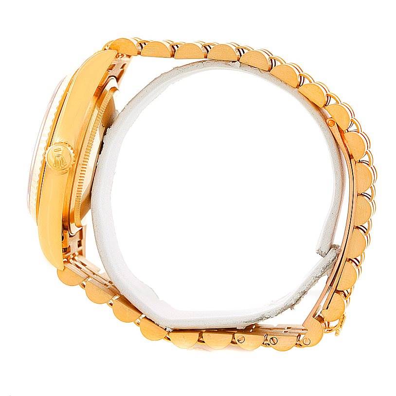 The image shows a side view of the Rolex President 16018 Men's Yellow Gold Champagne Dial 16018 Men's Yellow Gold Champagne Dial model watch, focusing on the case, crown, and bracelet.