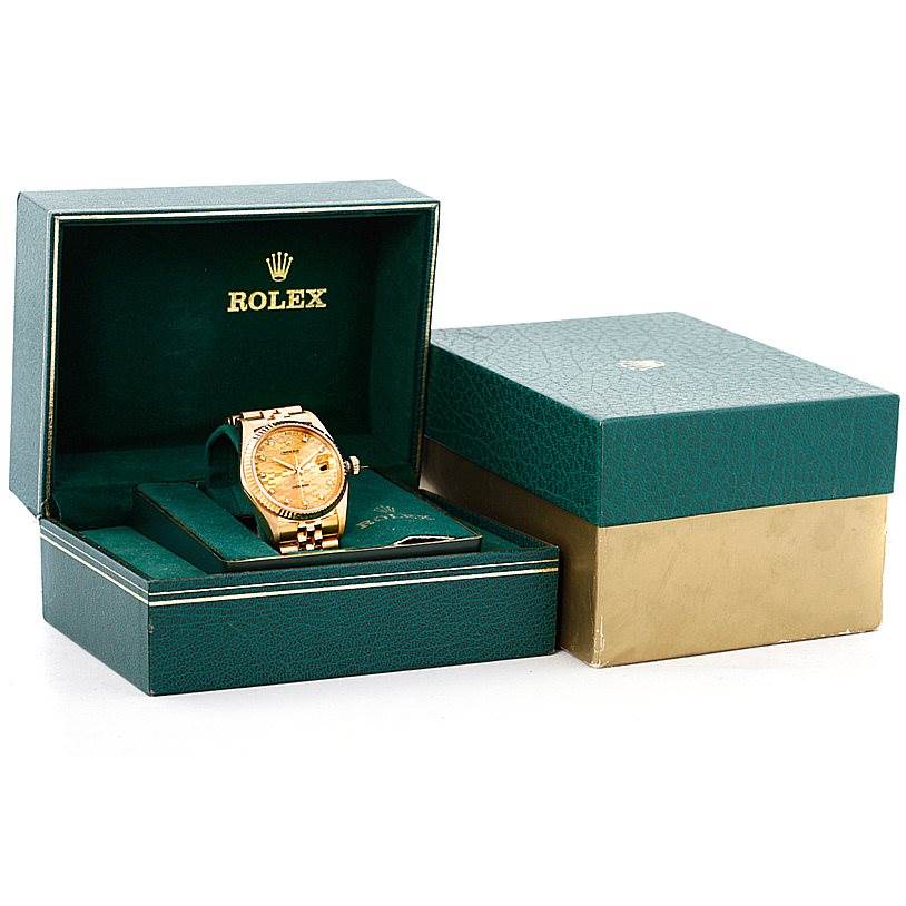 The image shows a Rolex President 16018 Men's Yellow Gold Champagne Dial 16018 Men's Yellow Gold Champagne Dial model watch in its open green and gold box with an additional closed box beside it.