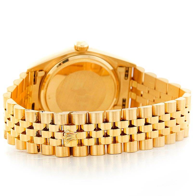 The image shows the back view of a Rolex President 16018 Men's Yellow Gold Champagne Dial 16018 Men's Yellow Gold Champagne Dial model watch, focusing on its gold case and bracelet.