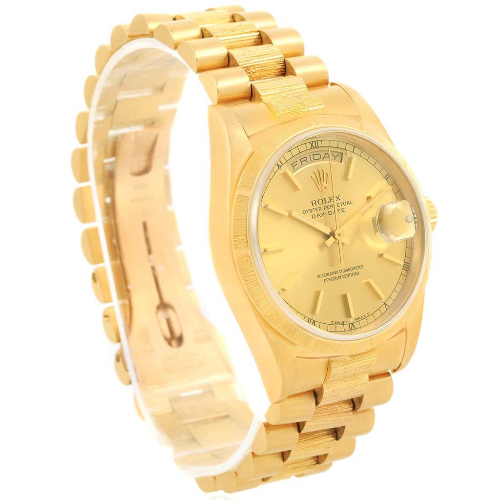 The image shows a Rolex President 18248 Men's Yellow Gold Champagne Dial 18248 Men's Yellow Gold Champagne Dial model watch at a slightly angled side view, highlighting the gold band and face.