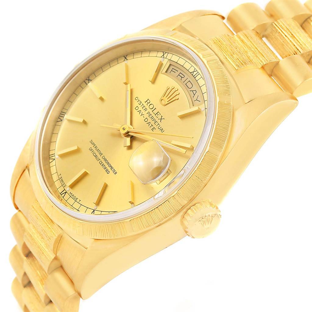The image shows a Rolex President 18248 Men's Yellow Gold Champagne Dial 18248 Men's Yellow Gold Champagne Dial model watch angled to display the dial, bracelet, and crown.