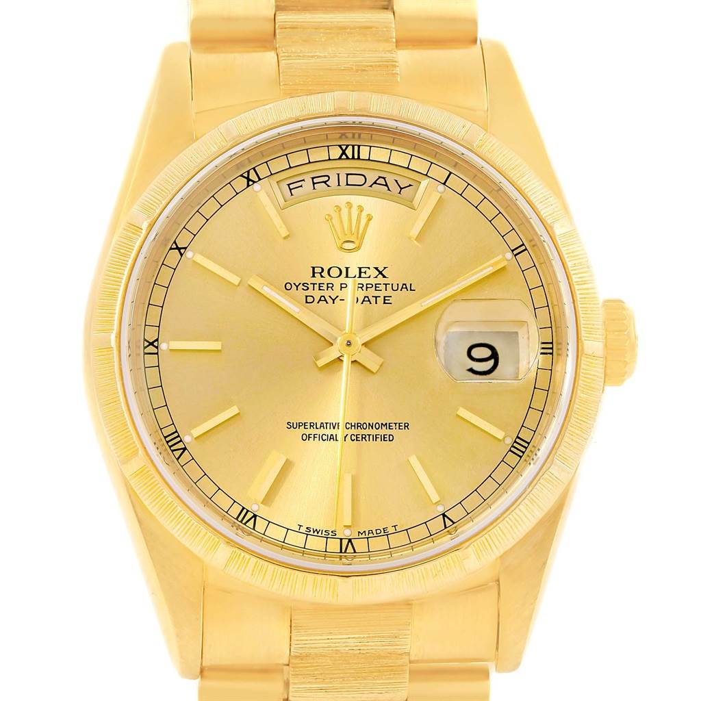 This image shows a front view of the Rolex President 18248 Men's Yellow Gold Champagne Dial 18248 Men's Yellow Gold Champagne Dial model watch, highlighting the dial, hands, day, and date.
