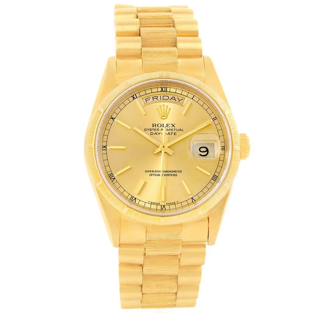 The image shows a frontal view of a Rolex President 18248 Men's Yellow Gold Champagne Dial 18248 Men's Yellow Gold Champagne Dial model watch, displaying the face, day-date functions, and bracelet.