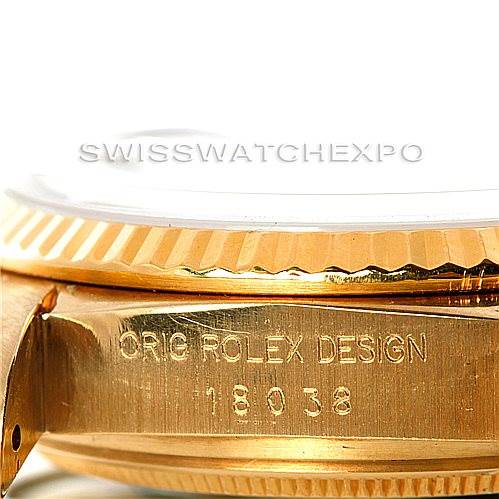 This image shows a close-up side view of the Rolex President 18038 Men's Yellow Gold Black Dial 18038 Men's Yellow Gold Black Dial model watch, highlighting the bezel and model number.