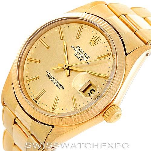 The image shows a Rolex President 1503 Men
s Yellow Gold Champagne Dial 1503 Men
s Yellow Gold Champagne Dial model watch at an angle displaying the face, crown, and part of the band.