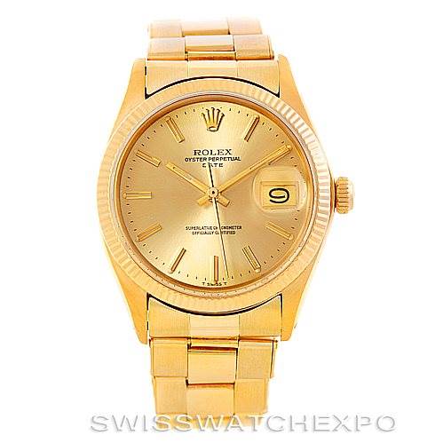 The image shows a frontal view of a gold Rolex President 1503 Men
s Yellow Gold Champagne Dial 1503 Men
s Yellow Gold Champagne Dial model watch, highlighting the dial, bezel, bracelet, and crown.
