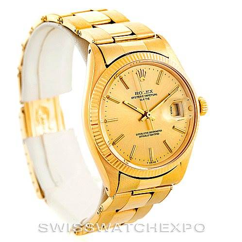 This image shows a side angle view of a gold Rolex President 1503 Men
s Yellow Gold Champagne Dial 1503 Men
s Yellow Gold Champagne Dial model watch, featuring its bracelet, bezel, and face with date display.