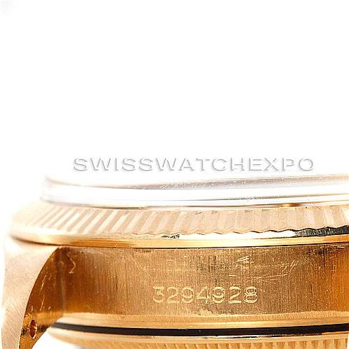The image shows a close-up side view of a Rolex President 1503 Men
s Yellow Gold Champagne Dial 1503 Men
s Yellow Gold Champagne Dial watch, with the bezel and part of the case back visible.