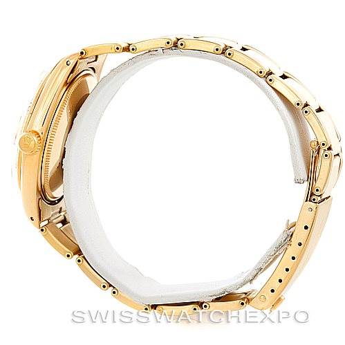 The image shows a side view of the gold bracelet and case of a Rolex President 1503 Men
s Yellow Gold Champagne Dial 1503 Men
s Yellow Gold Champagne Dial model watch.