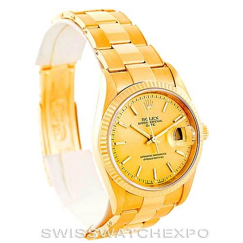 The image shows a side angled view of a Rolex President 15238 Men
s Yellow Gold Champagne Dial 15238 Men
s Yellow Gold Champagne Dial model watch, highlighting its gold bracelet, case, bezel, and dial.