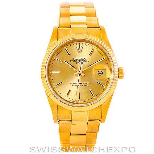 This image shows a front view of the Rolex President 15238 Men
s Yellow Gold Champagne Dial 15238 Men
s Yellow Gold Champagne Dial model watch, featuring its gold case, bracelet, and date display.