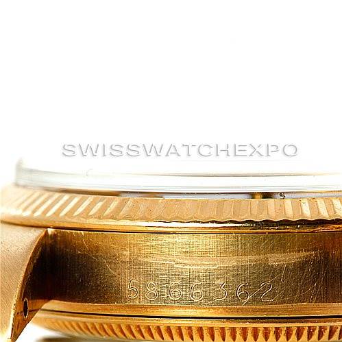 This image shows a close-up side view of the gold case and bezel of a Rolex President 1503 Men's Yellow Gold Black Dial 1503 Men's Yellow Gold Black Dial model watch, with part of the serial number visible.