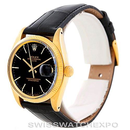 The image shows a Rolex President 1503 Men's Yellow Gold Black Dial 1503 Men's Yellow Gold Black Dial model watch with a gold case, black dial, and black leather strap, viewed from a front-side angle.