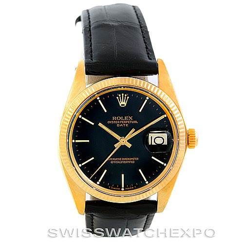 This image features a front view of the Rolex President 1503 Men's Yellow Gold Black Dial 1503 Men's Yellow Gold Black Dial model watch, displaying the dial, bezel, strap, and crown.