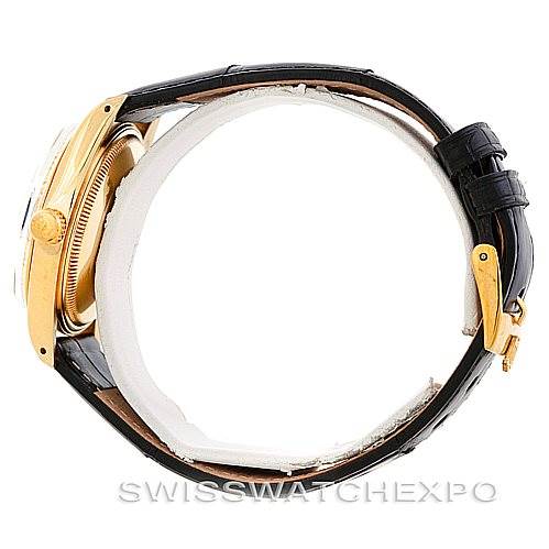 The image shows a side view of a Rolex President 1503 Men's Yellow Gold Black Dial 1503 Men's Yellow Gold Black Dial model watch, highlighting the gold bezel, crown, and black leather strap.