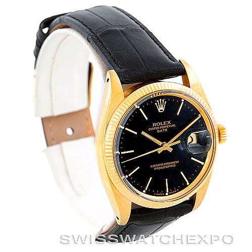 The Rolex President 1503 Men's Yellow Gold Black Dial 1503 Men's Yellow Gold Black Dial model watch is shown at a three-quarter angle, highlighting its black dial, gold case, and black leather strap.