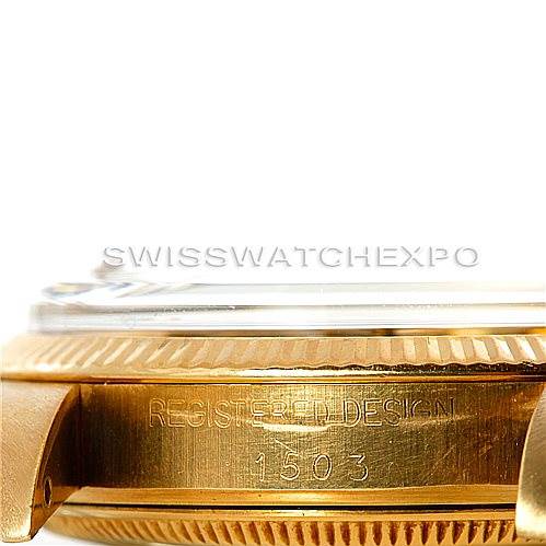 The image shows the side profile of the case and bezel of a Rolex President 1503 Men's Yellow Gold Black Dial 1503 Men's Yellow Gold Black Dial model, focusing on the serial number engraving.