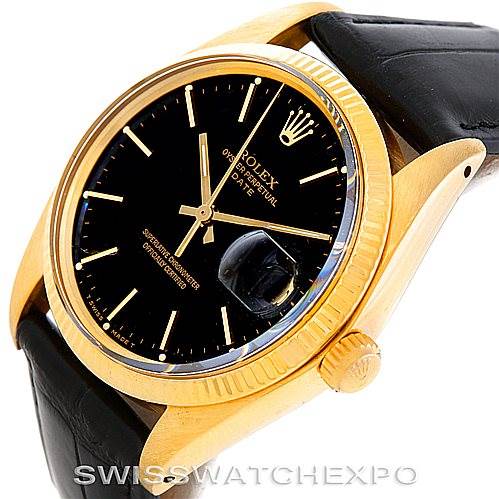 The image shows the face, bezel, crown, and partial strap of a Rolex President 1503 Men's Yellow Gold Black Dial 1503 Men's Yellow Gold Black Dial model watch at an angle.