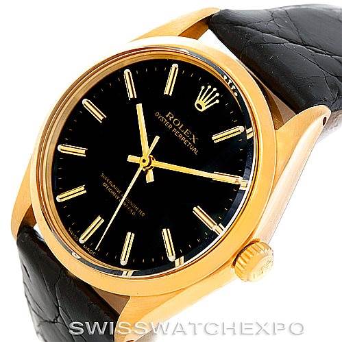 The image shows a Rolex President 1002 Men's Steel and Gold (two tone) Black Dial 1002 Men's Steel and Gold (two tone) Black Dial model watch with a golden case, black dial, and leather strap, viewed from an oblique angle.
