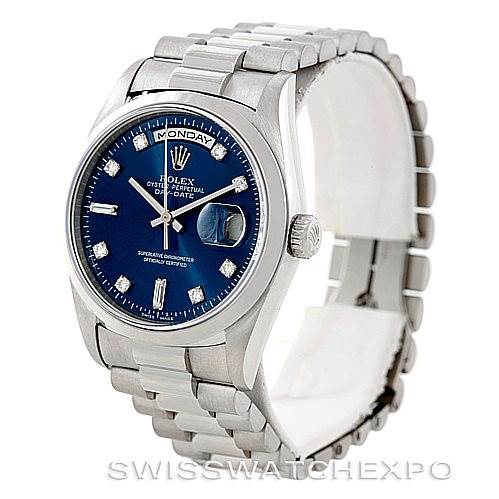 The Rolex President 18206 Men's Platinum Blue Dial 18206 Men's Platinum Blue Dial model watch is shown at a slight angle, displaying the face, crown, and bracelet.