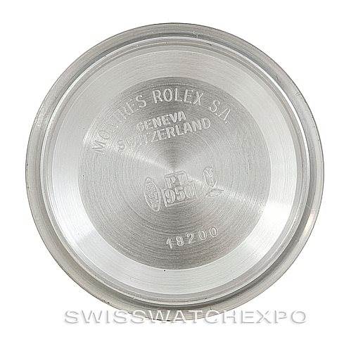 This image shows the inner case back of a Rolex President 18206 Men's Platinum Blue Dial 18206 Men's Platinum Blue Dial model watch, engraved with the brand and model details.