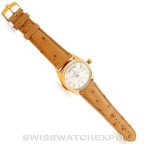 The image displays a top-down view of a Rolex President 1803 Men
s Yellow Gold Silver Dial 1803 Men
s Yellow Gold Silver Dial model watch with a brown leather strap.