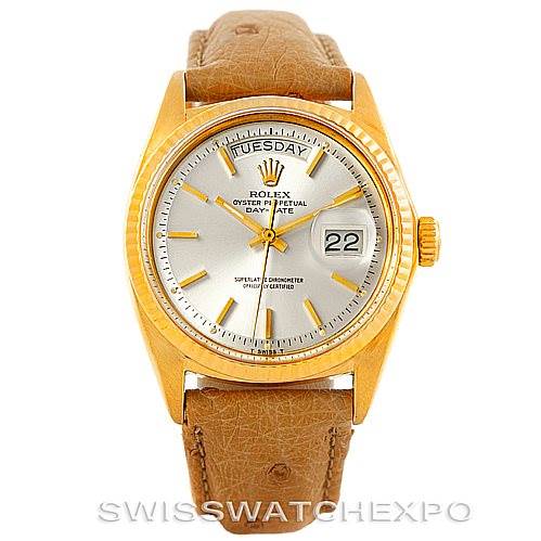 The image shows a front view of a Rolex President 1803 Men
s Yellow Gold Silver Dial 1803 Men
s Yellow Gold Silver Dial model watch, displaying the face, hands, markers, date window, and leather strap.