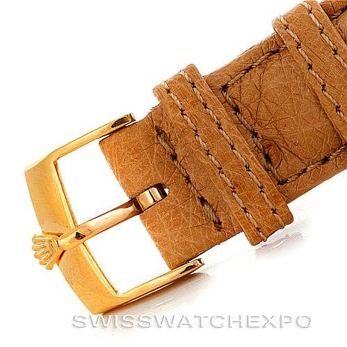 The image shows a close-up view of the leather strap and gold buckle with the Rolex logo, part of the Rolex President 1803 Men
s Yellow Gold Silver Dial 1803 Men
s Yellow Gold Silver Dial model.