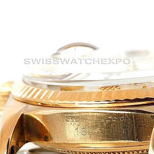 The image shows a close-up side view of the Rolex President 1803 Men
s Yellow Gold Silver Dial 1803 Men
s Yellow Gold Silver Dial model, focusing on the case and part of the bezel.