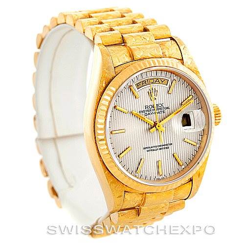 The image shows a frontal view of a Rolex President 18038 Men
s Yellow Gold Silver Dial 18038 Men
s Yellow Gold Silver Dial model, highlighting the dial, bracelet, and case.