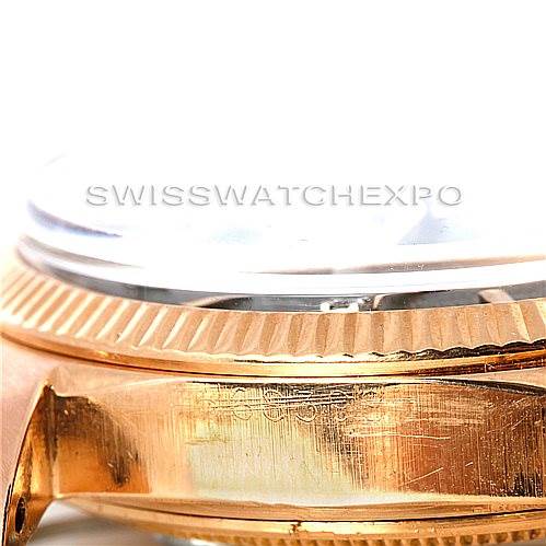 This close-up image of the Rolex President 1803 Men
s Rose Gold Black Dial 1803 Men
s Rose Gold Black Dial watch shows the side of the case and the fluted bezel.